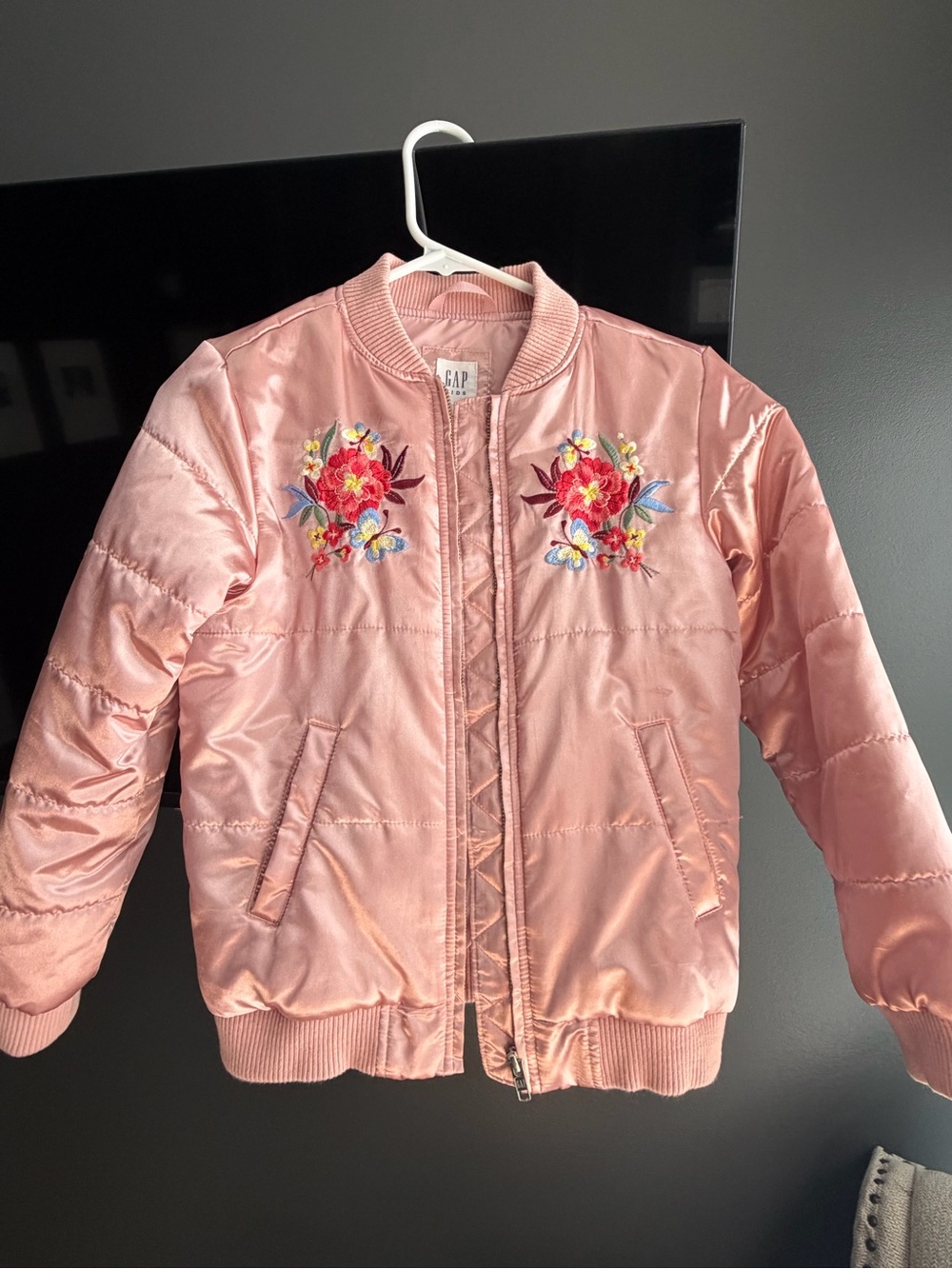 GAP Girls Pink Embroidered Satin Bomber Jacket - Medium
